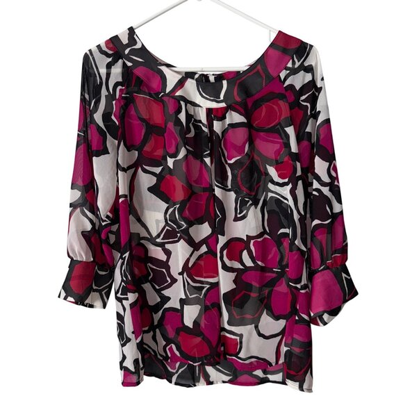 NWT Worthington Womens Large Sheer Floral Blouse Pink Red Black White - Picture 1 of 9